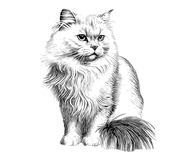 Fluffy cute cat hand drawn sketch Vector illustration