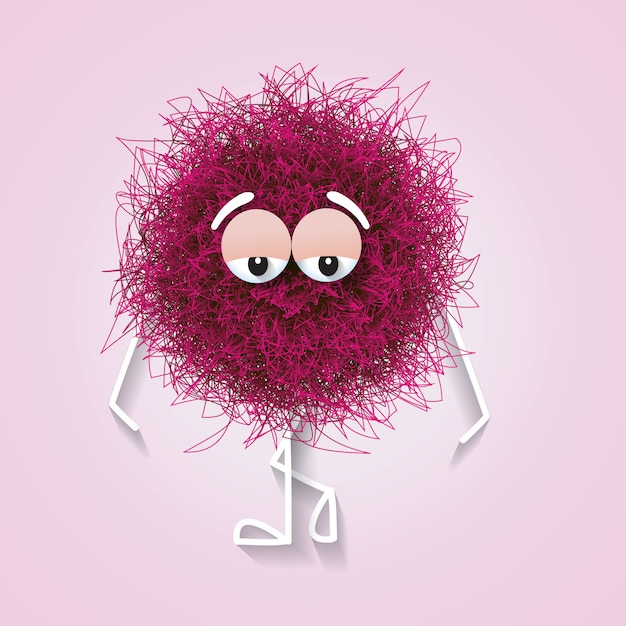 Vector fluffy cute pink spherical creature thinking and stressed