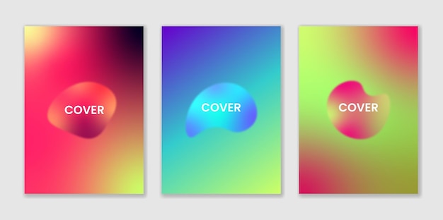 Vector fluid shapes cover set with liquid gradient holographic background