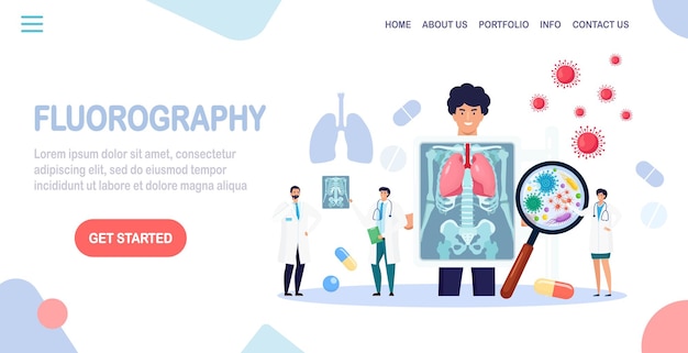 Fluorography and x ray scanning of patient. Chest x-ray screening. Radiologist doing lungs checkup procedure, analysing fluoroscopy images, roentgen photography. Pneumonia, lungs inflammation