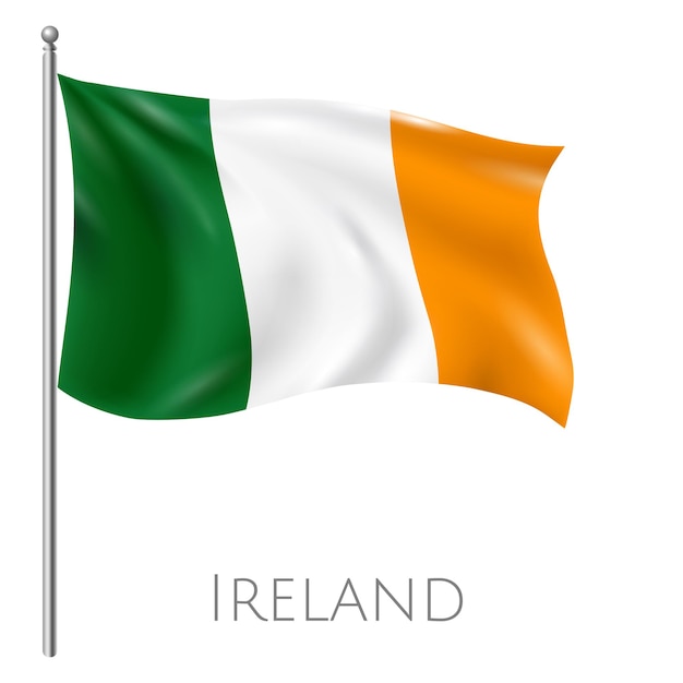 Fluttering Irish Tricolor Flag on a Pole Against a White Background