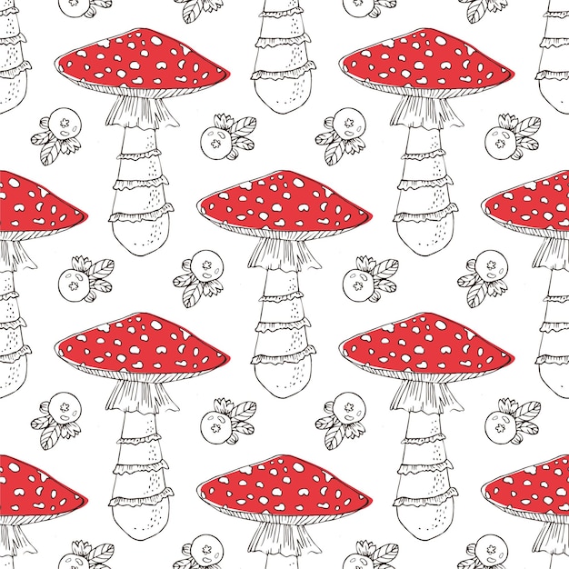 Fly agaric and cranberries hand drawn line art seamless vector pattern Amanita muscaria seamless background for printing fabric textile manufacturing wallpapers