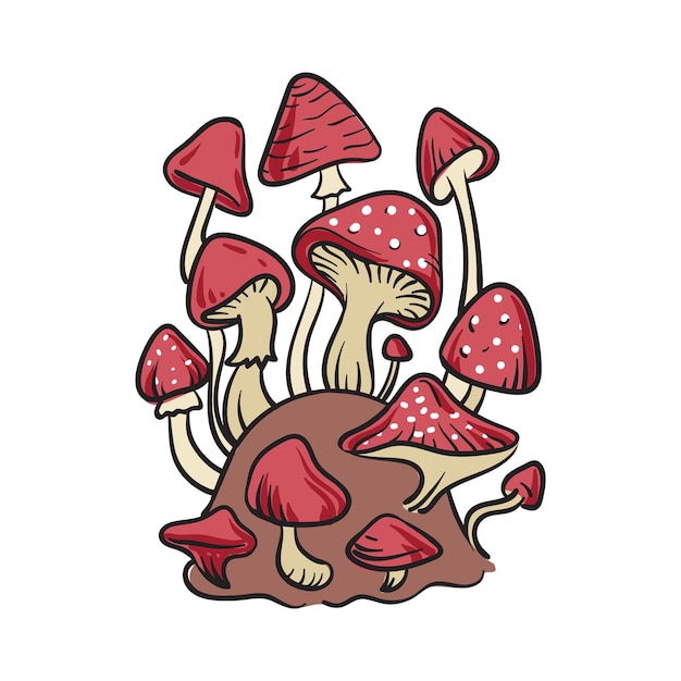 Fly agaric mushrooms on a stump Vector engraving in color on an isolated white background