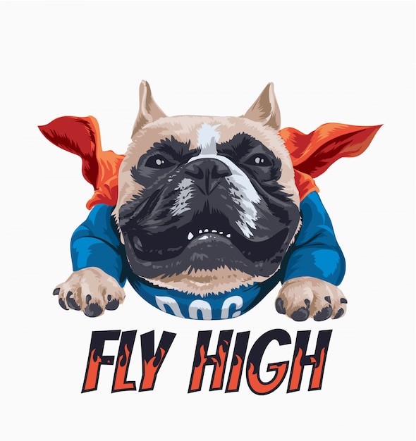 fly high slogan with cartoon dog in cape illustration