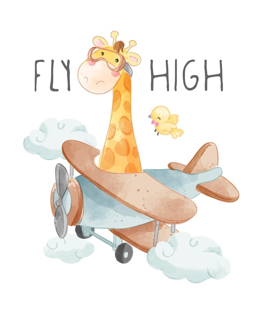 Fly high slogan with giraffe on airplane illustration