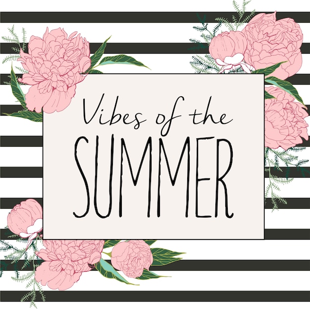 flyer or banner. Summer Vibes. Hand drawn peonies and stripes. Engraved vintage art