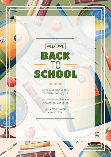 Flyer design with school backpack globe and textbooks School time back to school education