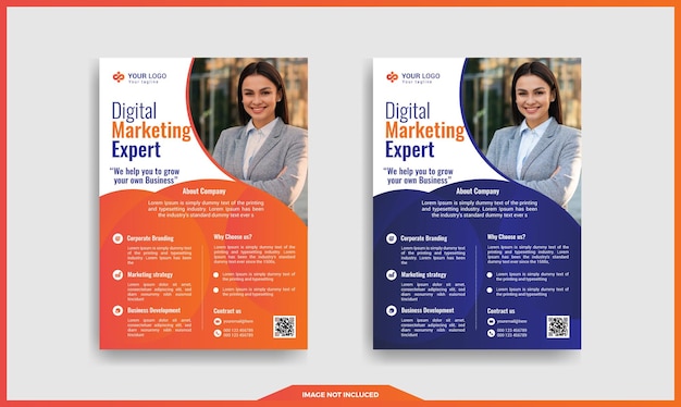 A flyer for digital marketing expert is shown in orange and blue.