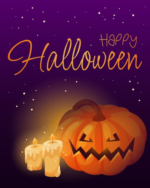 Flyer Halloween greeting card with angry pumpkin candles and stars