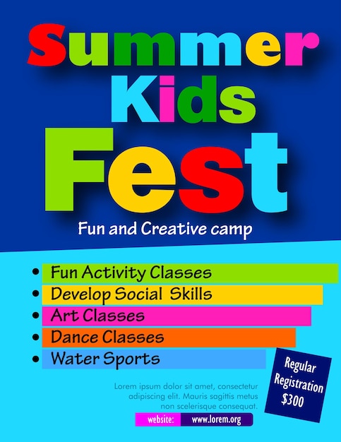 Flyer for the Kids Summer camp poster in flat style vector illustration