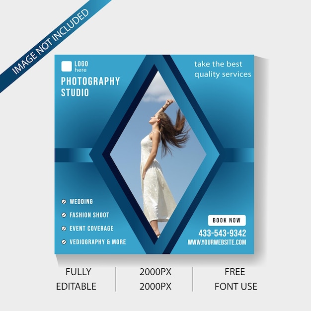 A flyer for a photography studio with a blue background and a picture of a woman in a white dress