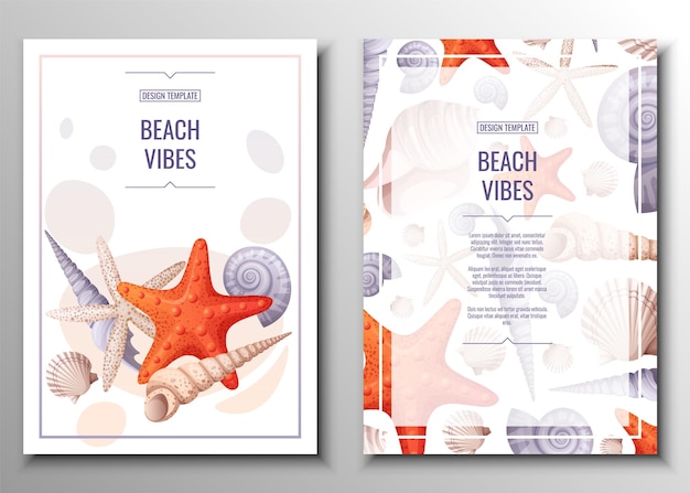 Flyer set with seashells and orange starfish Banner flyer poster A4 size for advertising Banner flyer poster A4 size for advertising