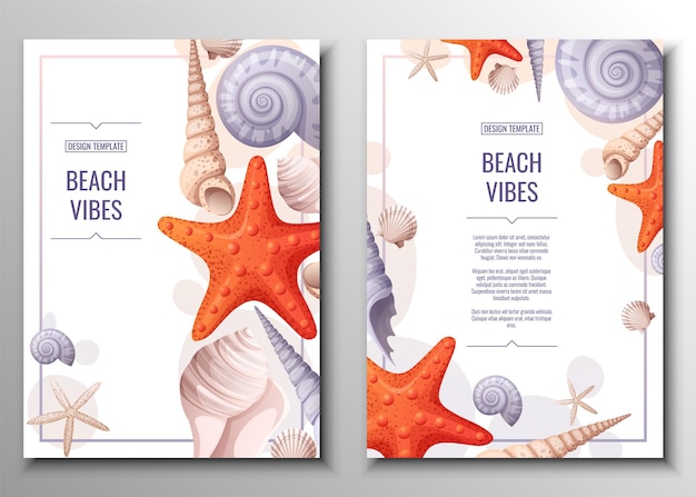 Flyer set with seashells and orange starfish Banner flyer poster A4 size for advertising Banner