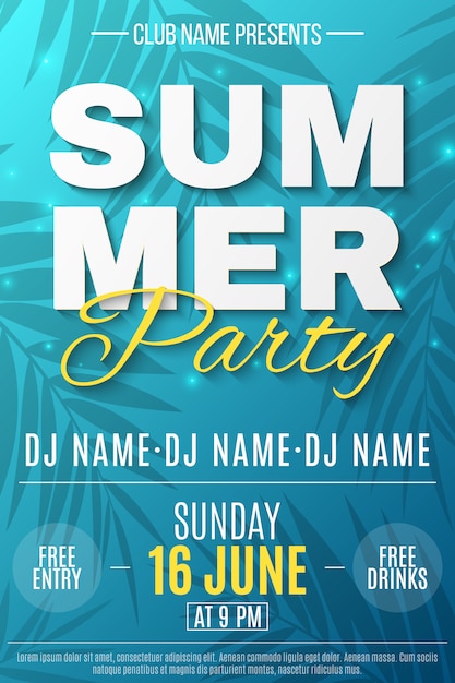 Vector flyer for summer party. text banner with flying luminous lights. blue background with pattern of palm trees. dance night party.