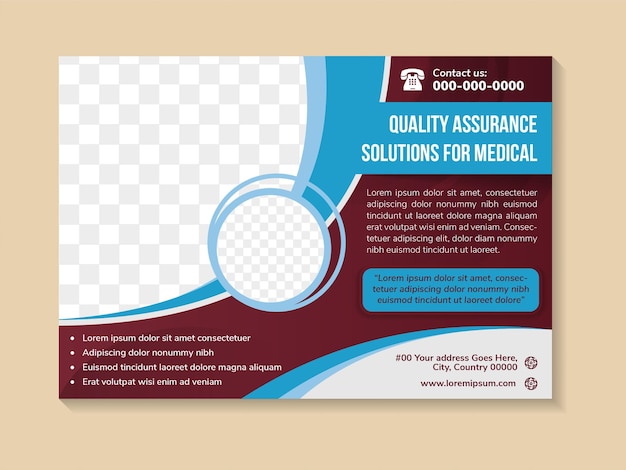 flyer template design with headline is quality assurance solutions for medical. space photo collage