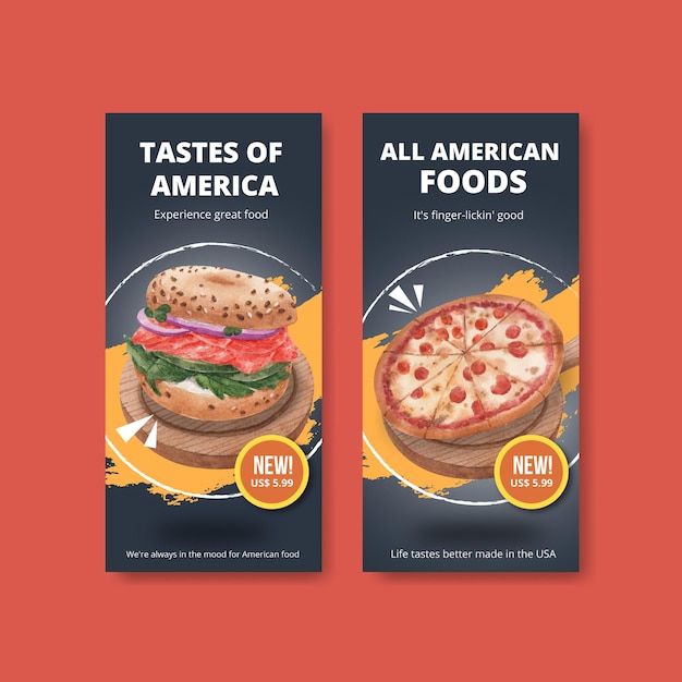 Flyer template with American foods concept,watercolor style