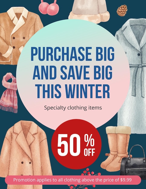 Flyer template with winter clothing essential conceptwatercolor style