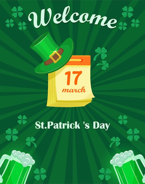 Flyer with an invitation to st patrick day poster with leprechaun hat clover and red mustache vector