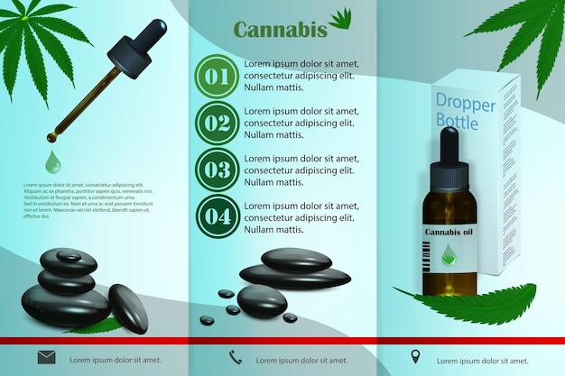 A flyer with medical oil for cannabis or marijuana bottles Brochure design Vector illustration