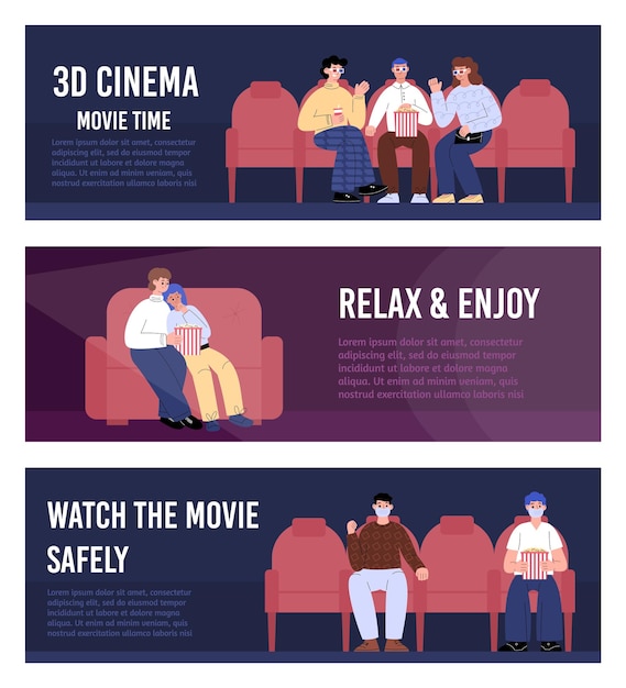 Flyers for cinema with people watching movie flat vector illustration