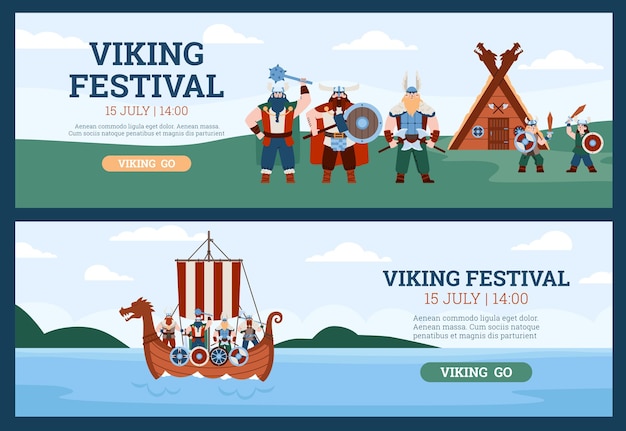 Flyers for viking festival with warriors in drakkar flat vector illustration