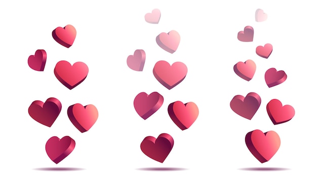 Flying 3d hearts set isolated on white background Live video and likes Social media concept