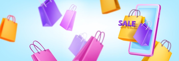 Flying 3D shopping paper bag banner vector fashion sale discount background smartphone screen