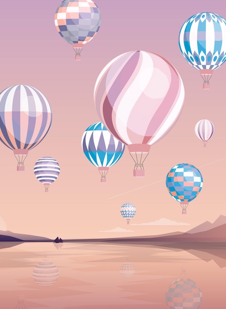 Flying air balloons flat illustration. Various aircrafts over river