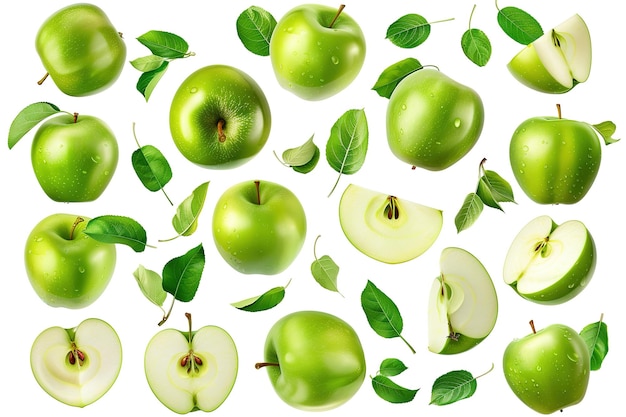 Flying Apple isolated on white background Ripe fresh apple Clipping Path Green Apple with leaf