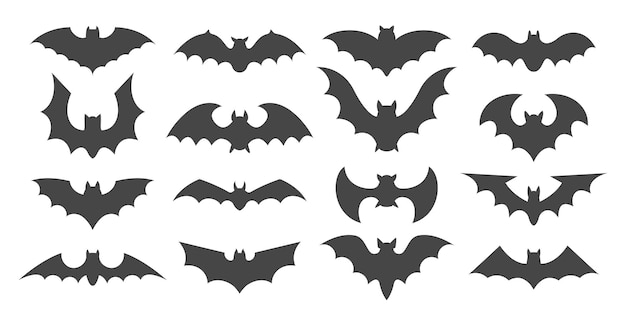 Flying bat with wings silhouettes for halloween decoration Scary vampire night animal horror symbol Bats shaped outline logo designs vector set