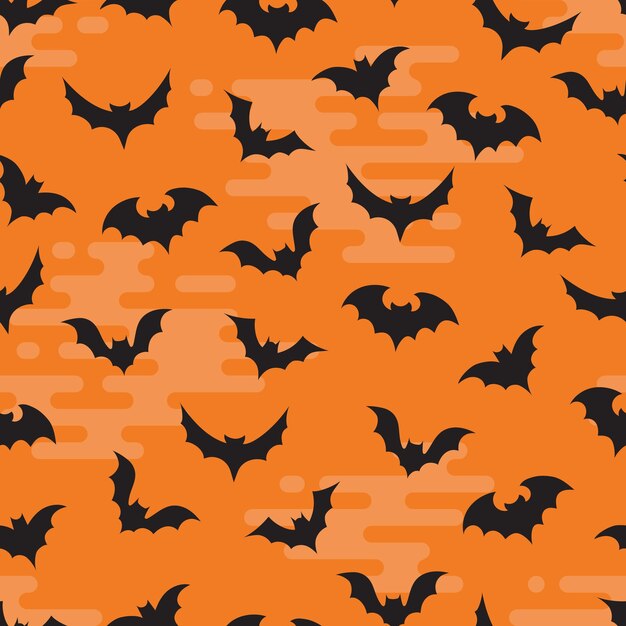 Vector flying bats seamless pattern on orange sky background