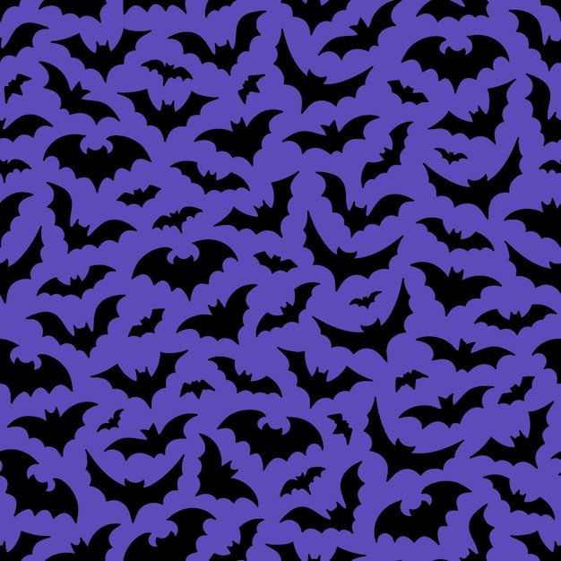 Vector flying bats silhouette seamless pattern on purple background