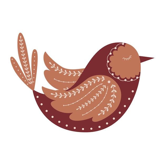 A flying beigebrown bird with closed eyes With folk elements twigs dots A mysterious decorative element for design Color vector illustration isolated on a white background