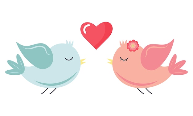 Flying birds in love and a heart between them Couple of cute girl and boy birds