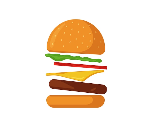 Flying burger fast food isolated icon scattered hamburger with tomato bow greens juicy fried beef