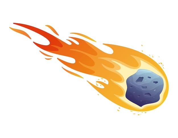 Flying burning space asteroid with craters and bumps Vector isolated stone with fire