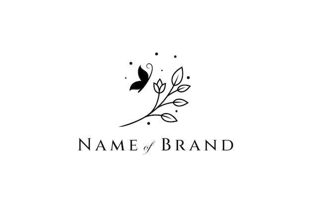 Flying butterfly logo perched on flower in simple flat design style