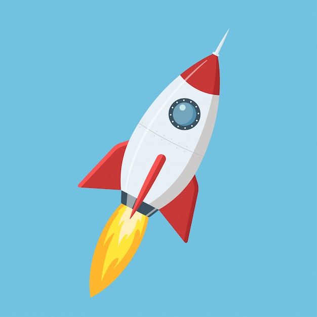 Flying cartoon rocket in flat style 