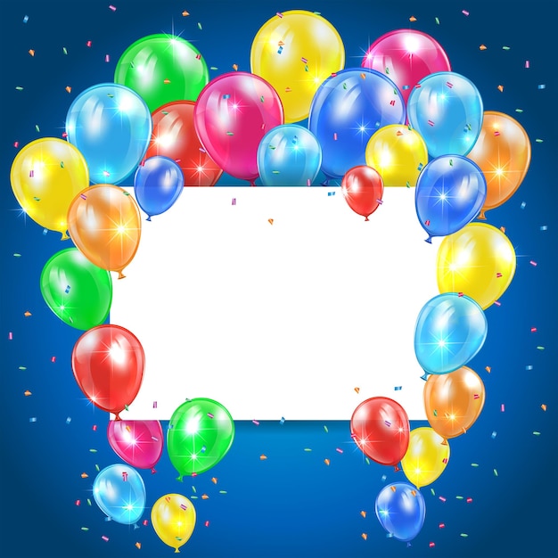 Flying colored balloons on blue holiday background with card illustration