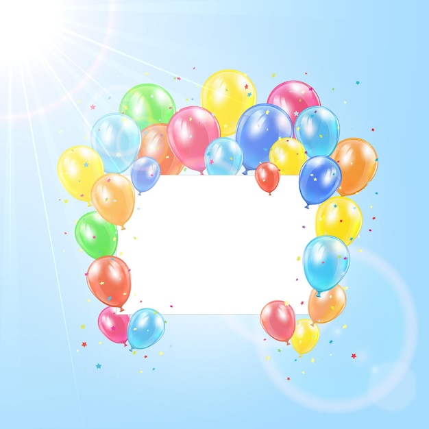 Flying colored balloons with card in the sky illustration