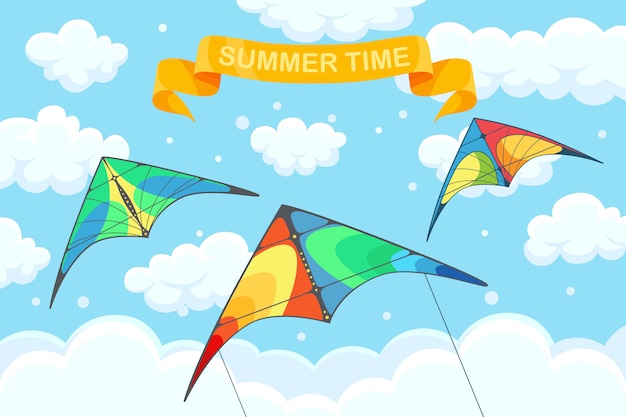 Flying colorful kite in the sky with clouds  on background. Summer festival, holiday, vacation time. Kitesurfing concept.  illustration.  cartoon 