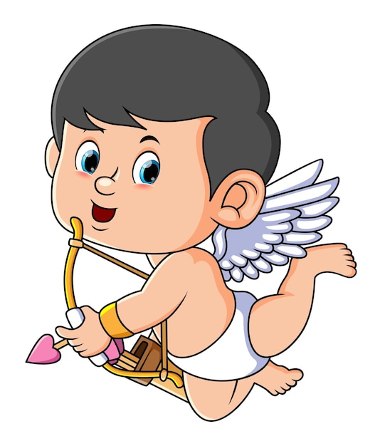 The flying cupid is posing with a romance bow and love arrow