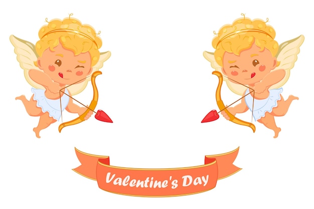 Flying cupids with bow and arrows for valentines day wedding card design element