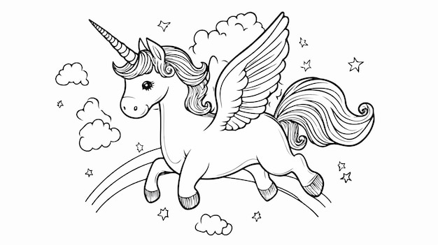 Flying Cute Kawaii Unicorn on Rainbow Color Background