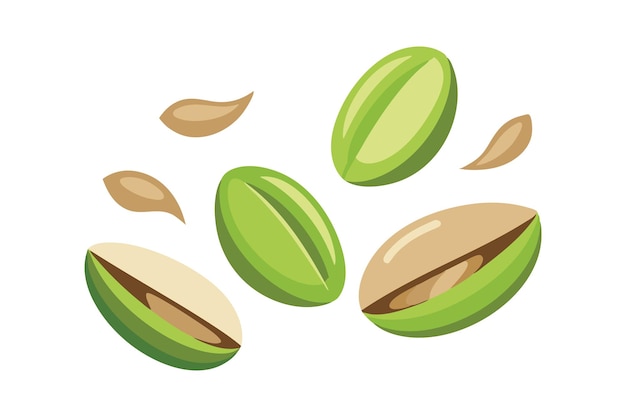 Flying delicious pistachios flat vector illustration on white background