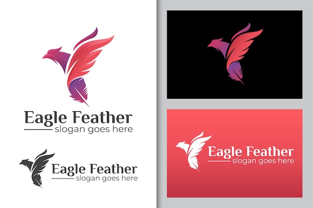 Flying eagle bird or phoenix combined feather ink logo icon illustration