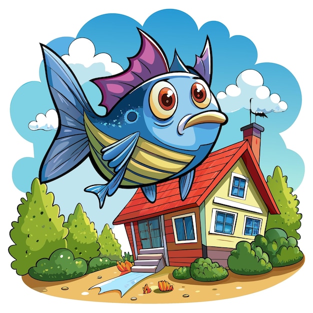 Vector flying fish dumbfounded looks house vector