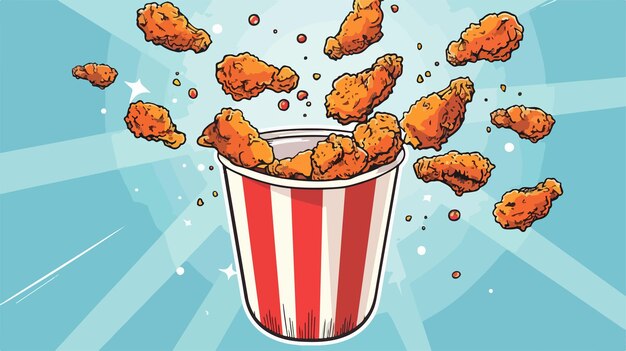 Vector flying fried chicken with bucket cartoon vector illustration