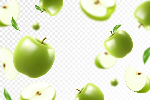 Vector flying green juicy apples bright advertising background falling green apples realistic