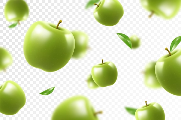 Vector flying green juicy apples bright background falling apples realistic page design